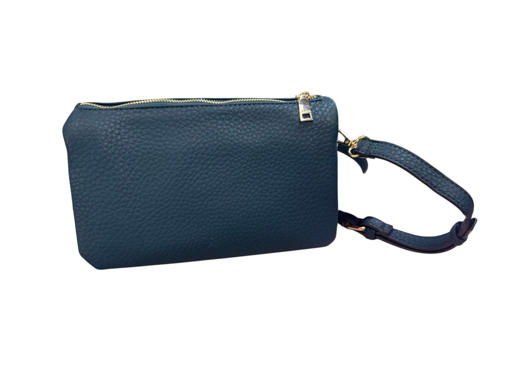Dark blue textured leather Phiona Studded Flapover Crossbody bag with gold zipper, adjustable strap. Sizes: S, M, L.