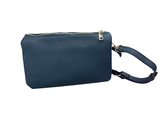 Dark blue textured leather Phiona Studded Flapover Crossbody bag with gold zipper, adjustable strap. Sizes: S, M, L.