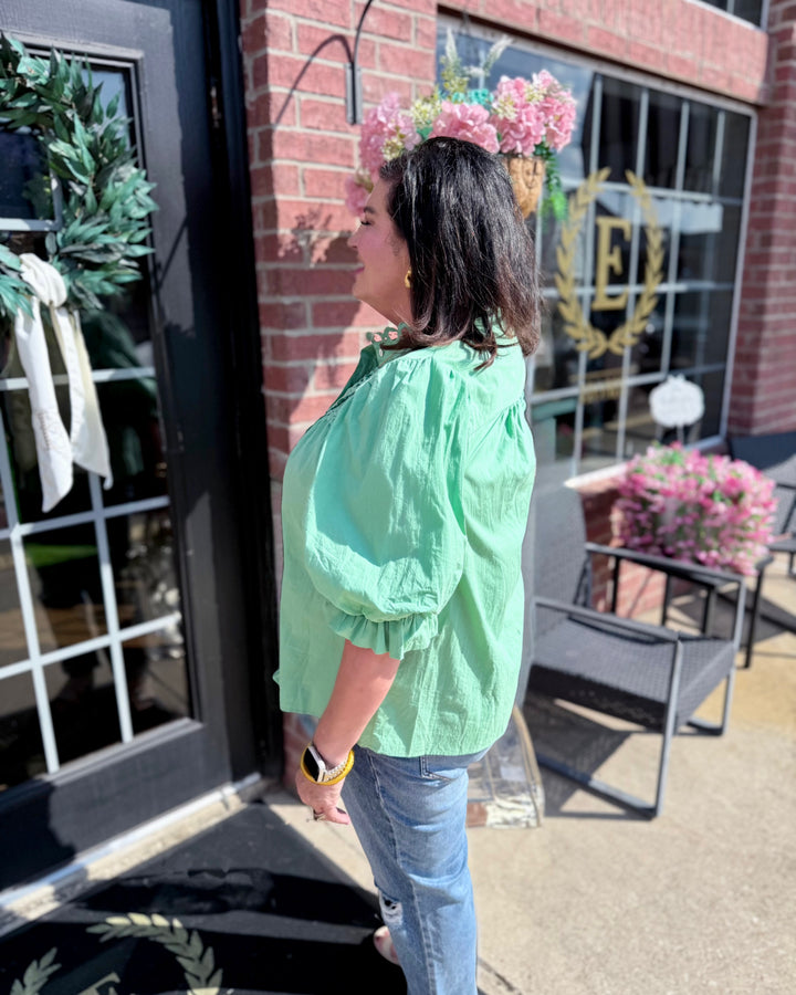 Mint Button Down Blouse: light green, 100% cotton, balloon sleeves. Available in sizes XS-XL.