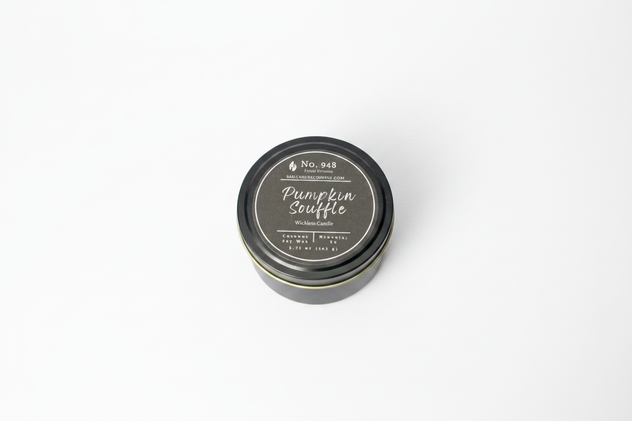 A small, round black tin labeled "Wickless Candle 5.75 oz" in coconut soy wax with "Pumpkin Souffle" and product details on the lid; available in 5.75 oz size.