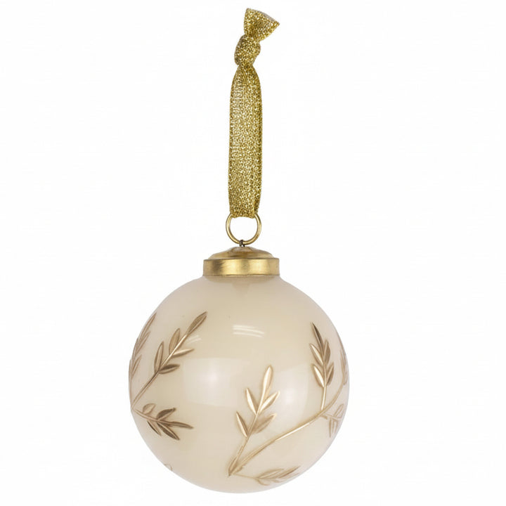Feltre Glass Ornament, 3” cream-colored glass globe with gold botanical detailing and a gold ribbon hanger.
