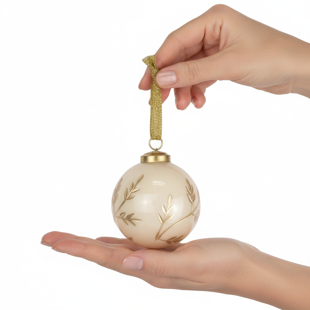 Feltre Glass Ornament, 3”, cream-colored glass with gold botanical detailing and a gold ribbon loop.
