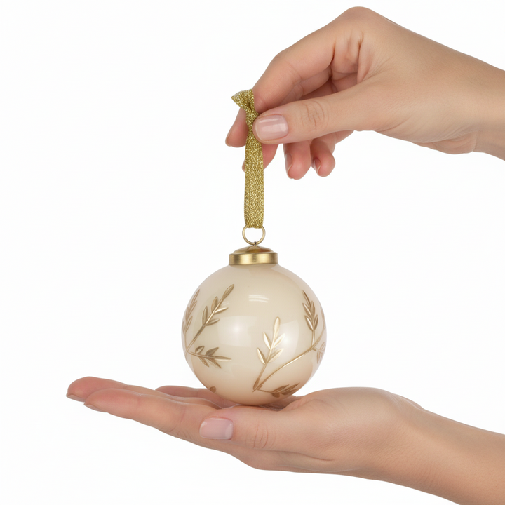 Feltre Glass Ornament, 3”, cream-colored glass with gold botanical detailing and a gold ribbon loop.
