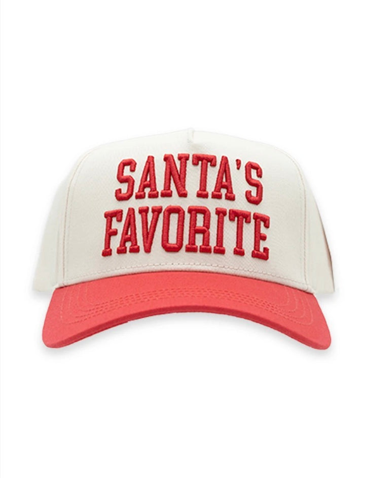 White and red Santa’s Favorite Hat with “SANTA’S FAVORITE” in bold red text. Available in multiple sizes.