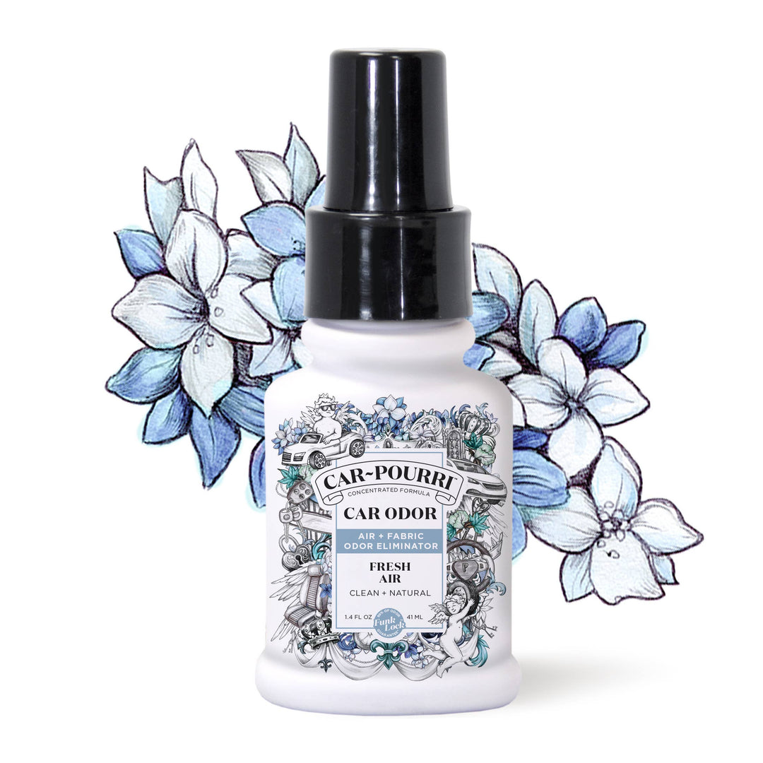 White spray bottle, "Car~Pourri Air + Fabric Spritz My Ride" 1.4oz 2-pack, floral label, car air freshener.