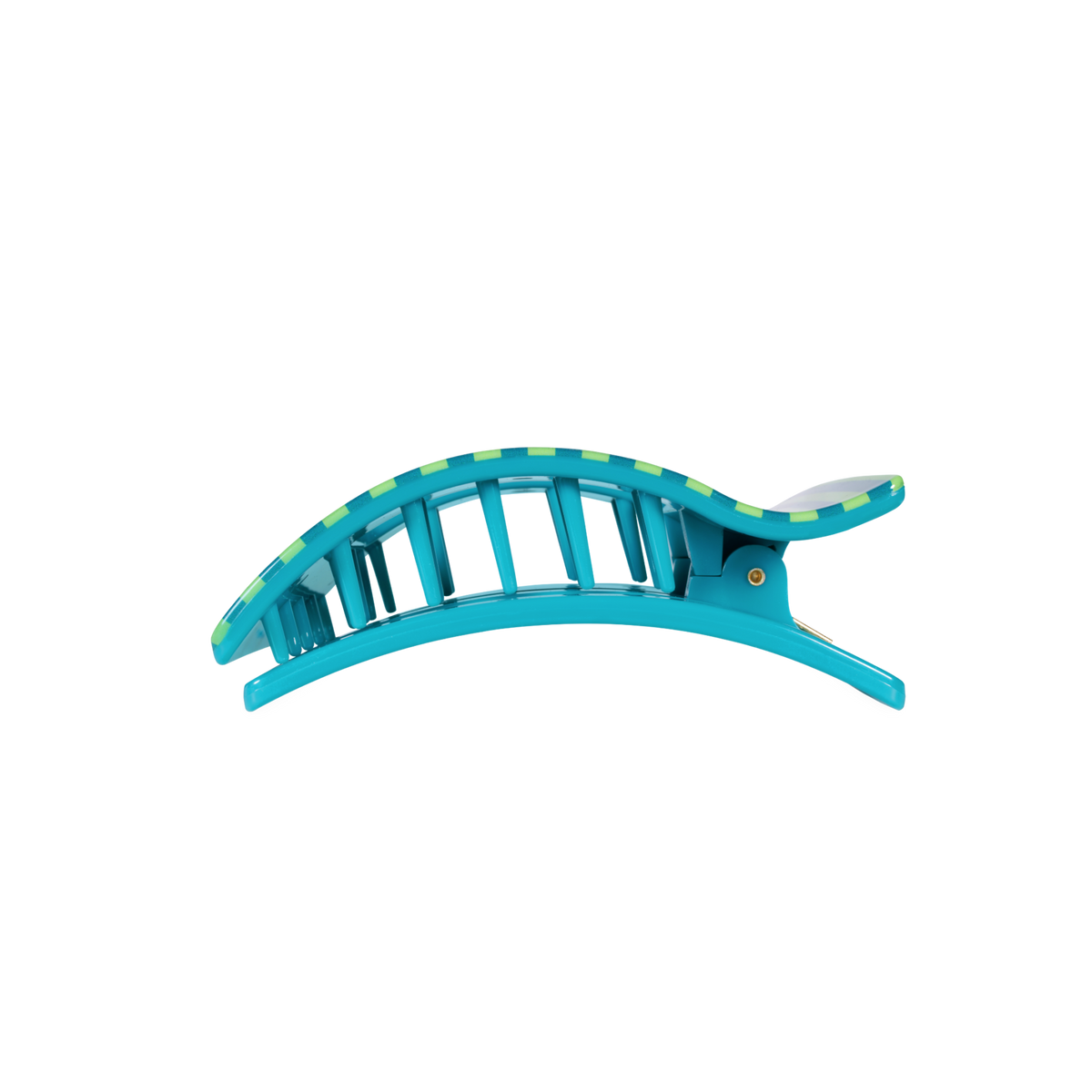 Cabana Cutie Medium Flat Rectangle Hair Clip in blue and green stripes, curved with open slots; available in medium size.