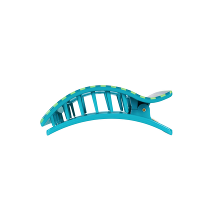 Cabana Cutie Medium Flat Rectangle Hair Clip in blue and green stripes, curved with open slots; available in medium size.