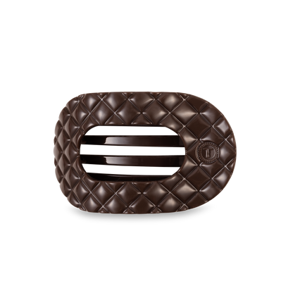 Dark chocolate piece, oval cushion shape with quilted pattern and center slits. Available in small, medium, and large sizes.
