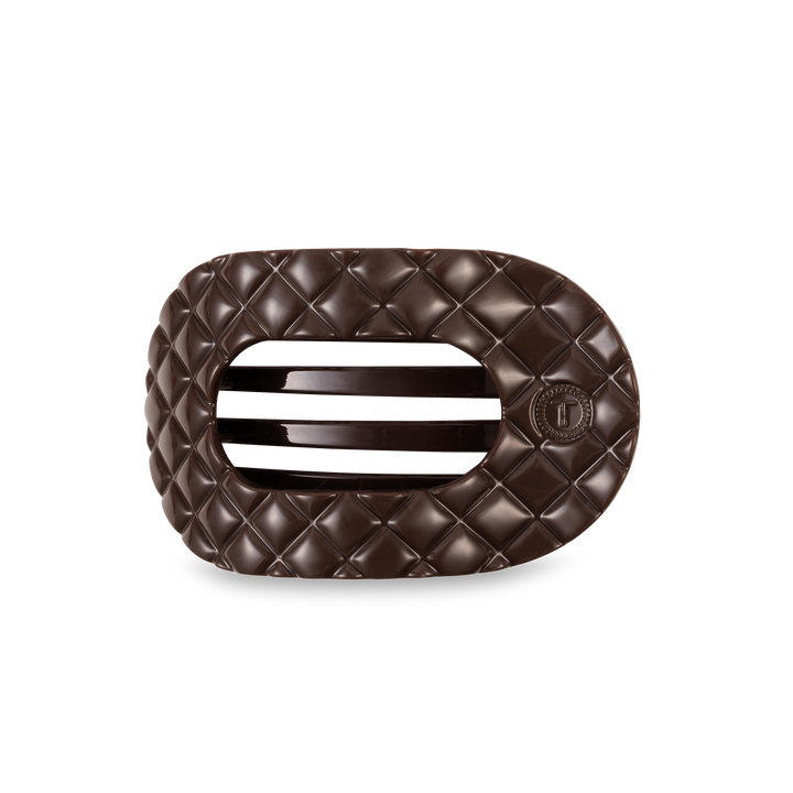 Dark chocolate piece, oval cushion shape with quilted pattern and center slits. Available in small, medium, and large sizes.