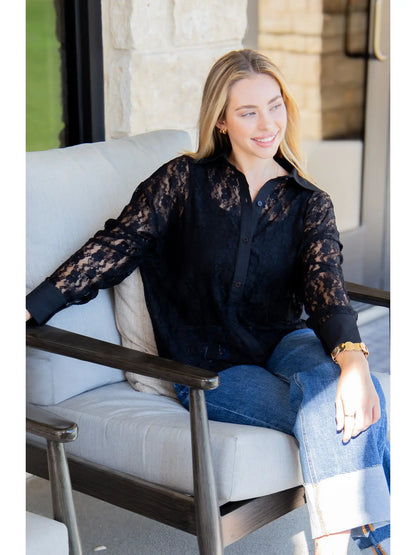 Kathryn Classic Lace Button-Up blouse; available in sizes XS–XL.
