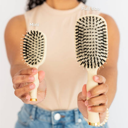 Mini Boar Brush | Tan: cream-colored, natural bristles, gold accents, travel size; also available in full size.