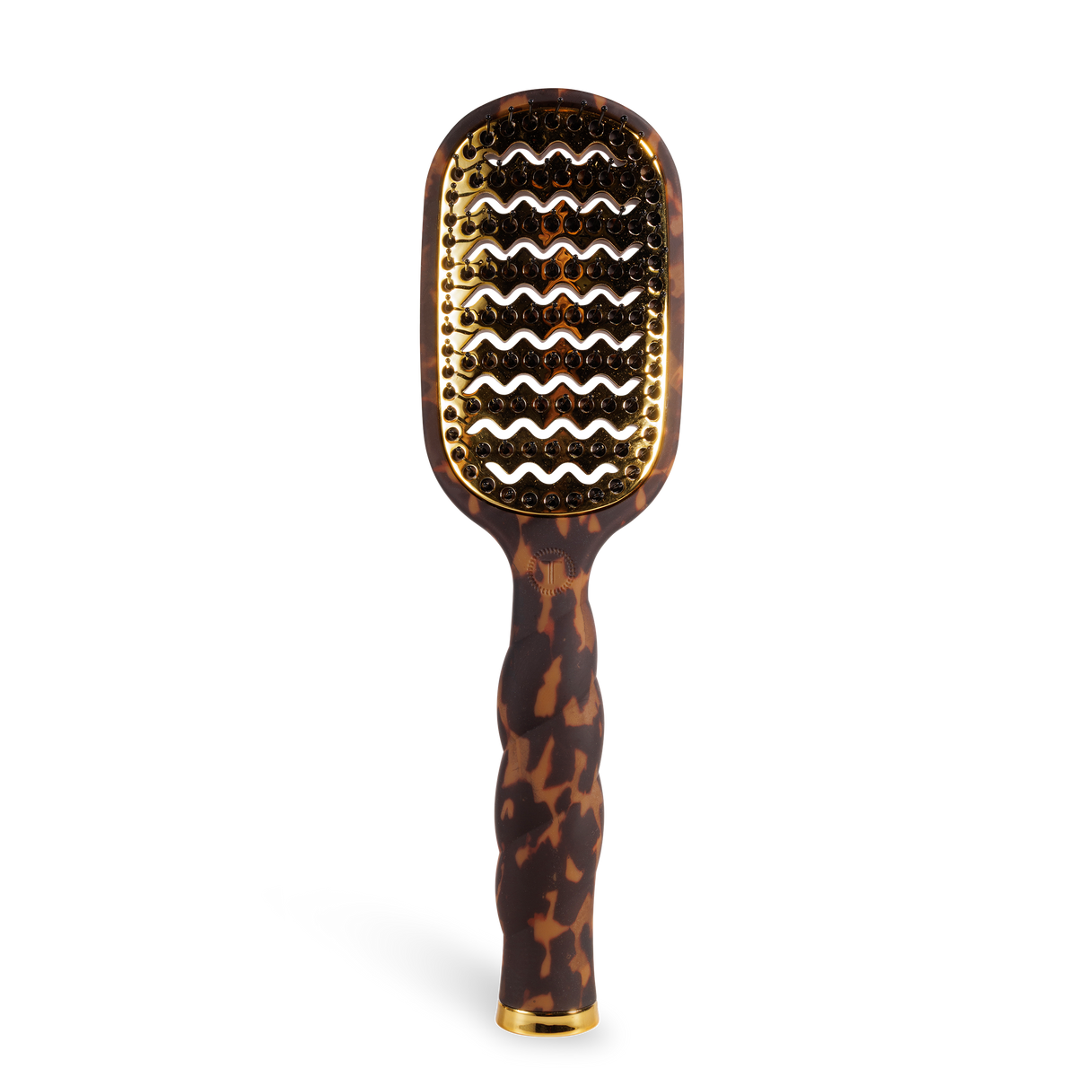 Brown tortoiseshell-patterned vented hair brush with wavy quick-heat aluminum bristle plate and ergonomic handle; available in multiple sizes.