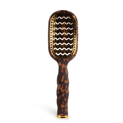 Brown tortoiseshell-patterned vented hair brush with wavy quick-heat aluminum bristle plate and ergonomic handle; available in multiple sizes.