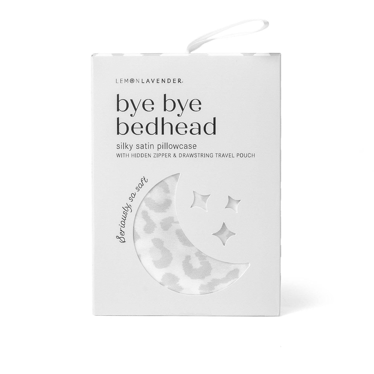 White box packaging for Lemon Lavender Silky Pillowcase Pattern Assort, with a crescent moon, three stars, and the text “bye bye bedhead” and “silky satin pillowcase” on the front. Available in standard and king sizes.