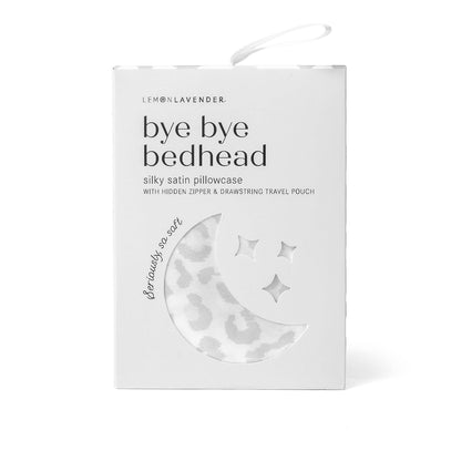 White box packaging for Lemon Lavender Silky Pillowcase Pattern Assort, with a crescent moon, three stars, and the text “bye bye bedhead” and “silky satin pillowcase” on the front. Available in standard and king sizes.