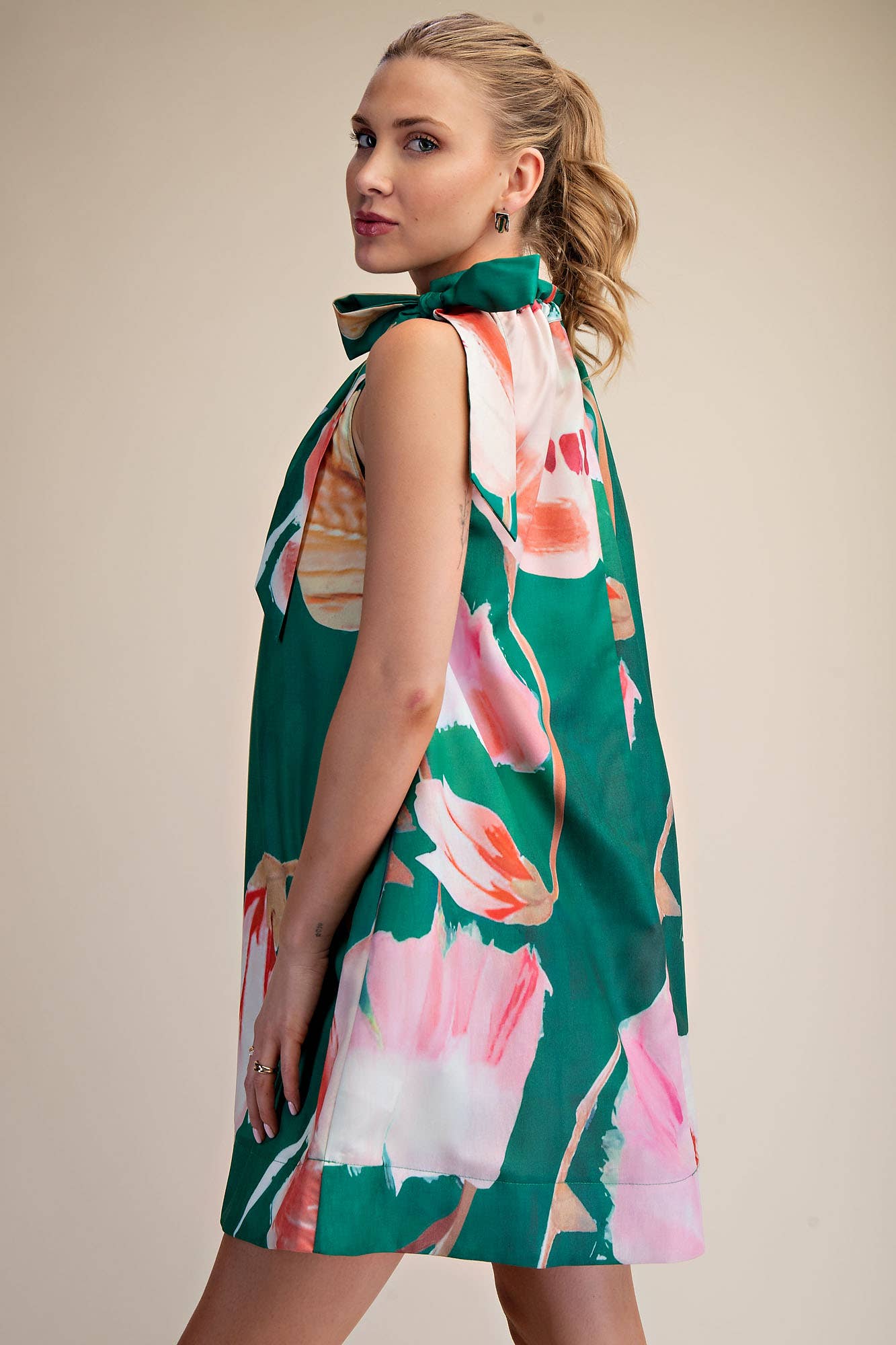Mini Dress Ruffle Neck Tie Sleeveless Floral Print in Royal, high ruffled collar, vibrant floral; sizes S–XL available.