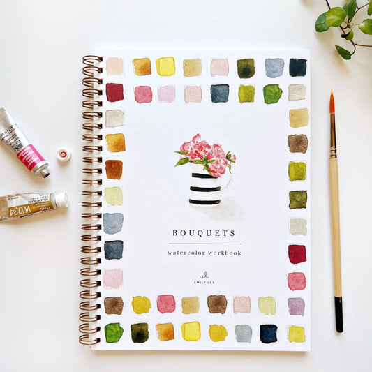 Bouquets Watercolor Workbook: spiral-bound, floral bouquet art, colorful paint swatches on cover. Size options not shown.