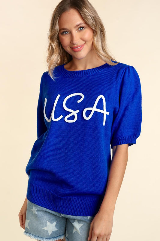 Pop up letter, USA top. Blue with white USA embroidered short sleeves comes in small medium and large.