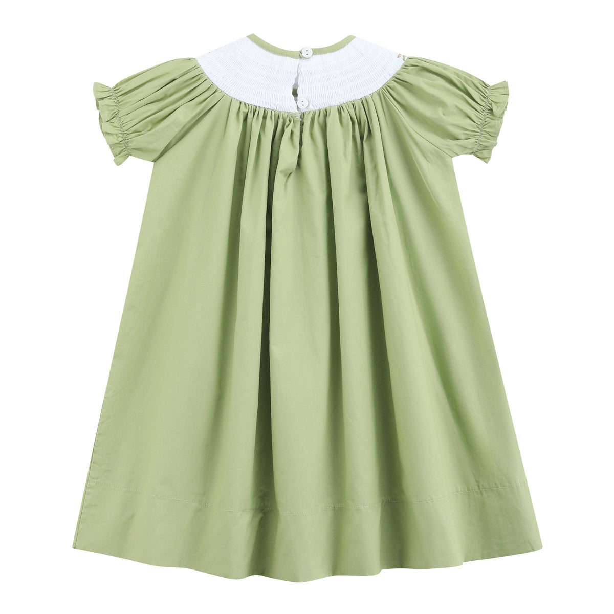 Pistachio Green Mallard Duck Smocked Bishop Dress in size 12-18M with soft pistachio green fabric, short ruffled sleeves, wide white smocked collar, gathered smocking, and upper back buttons.