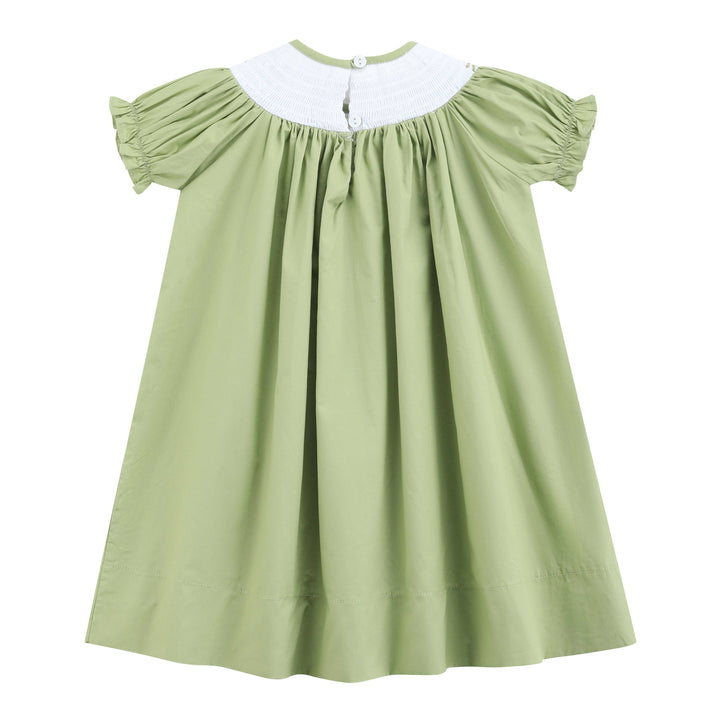 Pistachio Green Mallard Duck Smocked Bishop Dress in size 12-18M with soft pistachio green fabric, short ruffled sleeves, wide white smocked collar, gathered smocking, and upper back buttons.