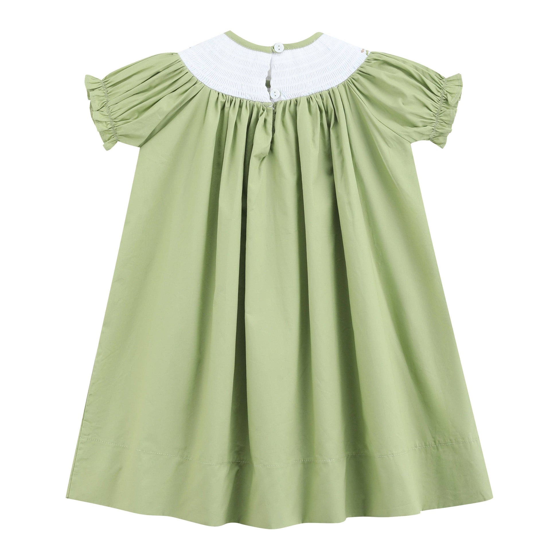 Pistachio Green Mallard Duck Smocked Bishop Dress in 4T: light green, short sleeves, white smocked collar, two back buttons, gathered sleeves and yoke for a loose fit. Available in size 4T.