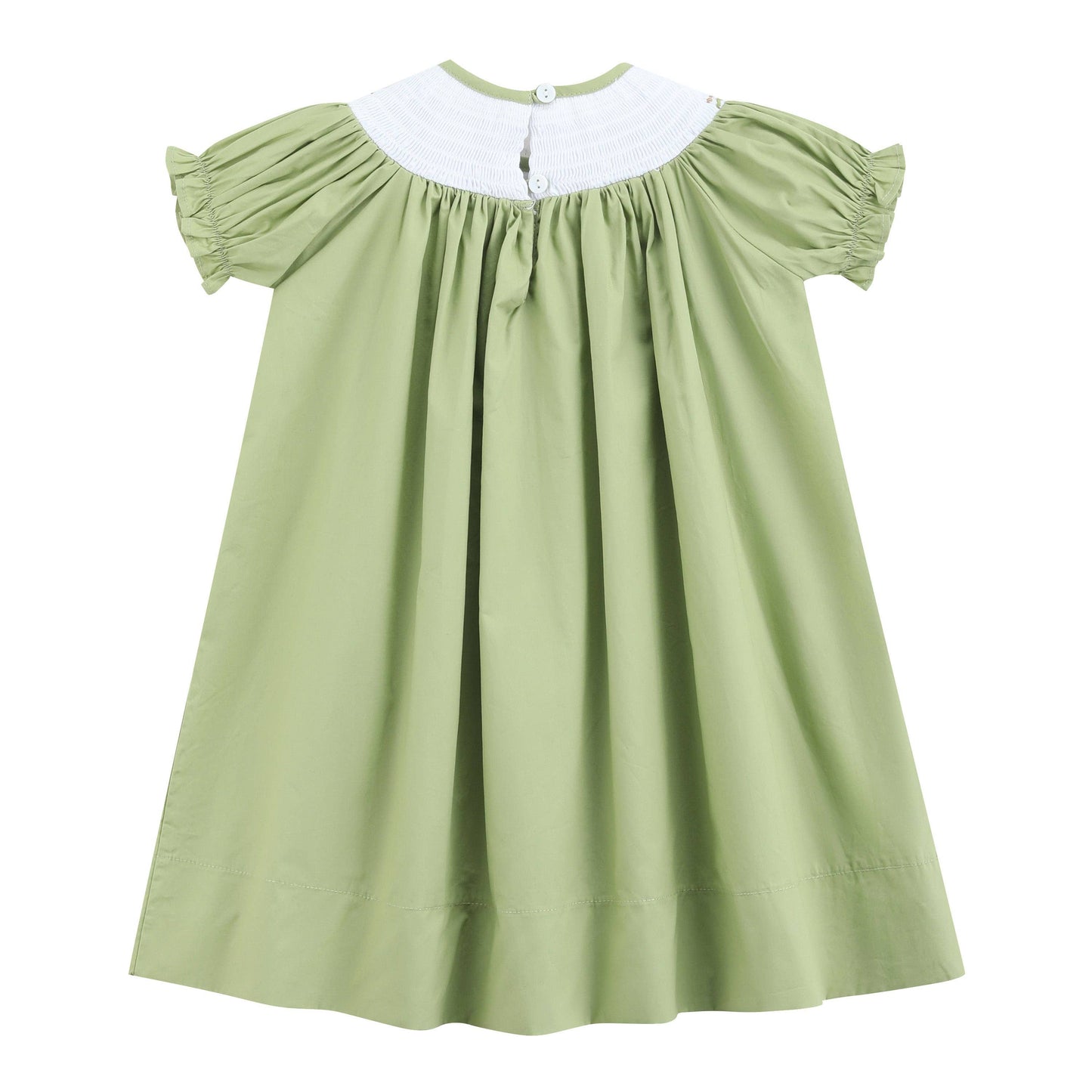 Pistachio green Mallard Duck Smocked Bishop Dress in size 3T, loose-fit with short sleeves, gathered details, white smocked yoke, and two back buttons.