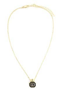 Thin chain necklace with small hexagonal black pendant, gold "B," adjustable clasp. Sizes available: S, M, L.