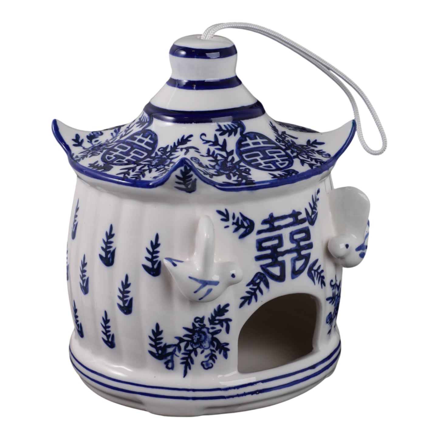 White/blue chinoiserie pagoda birdhouse, 8 in., with blue floral designs, bird accents, and hanging loop.