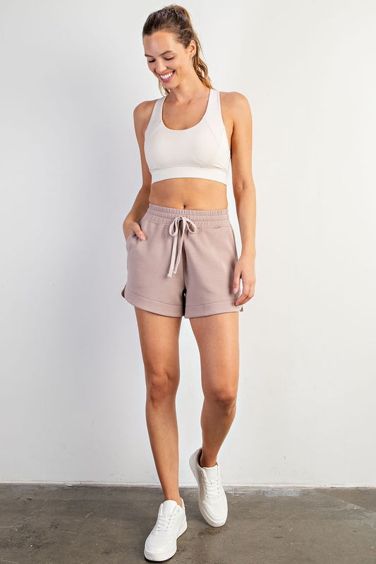 Mauve Modal Scuba Tulip Shorts with pockets, available in sizes XS-XL.