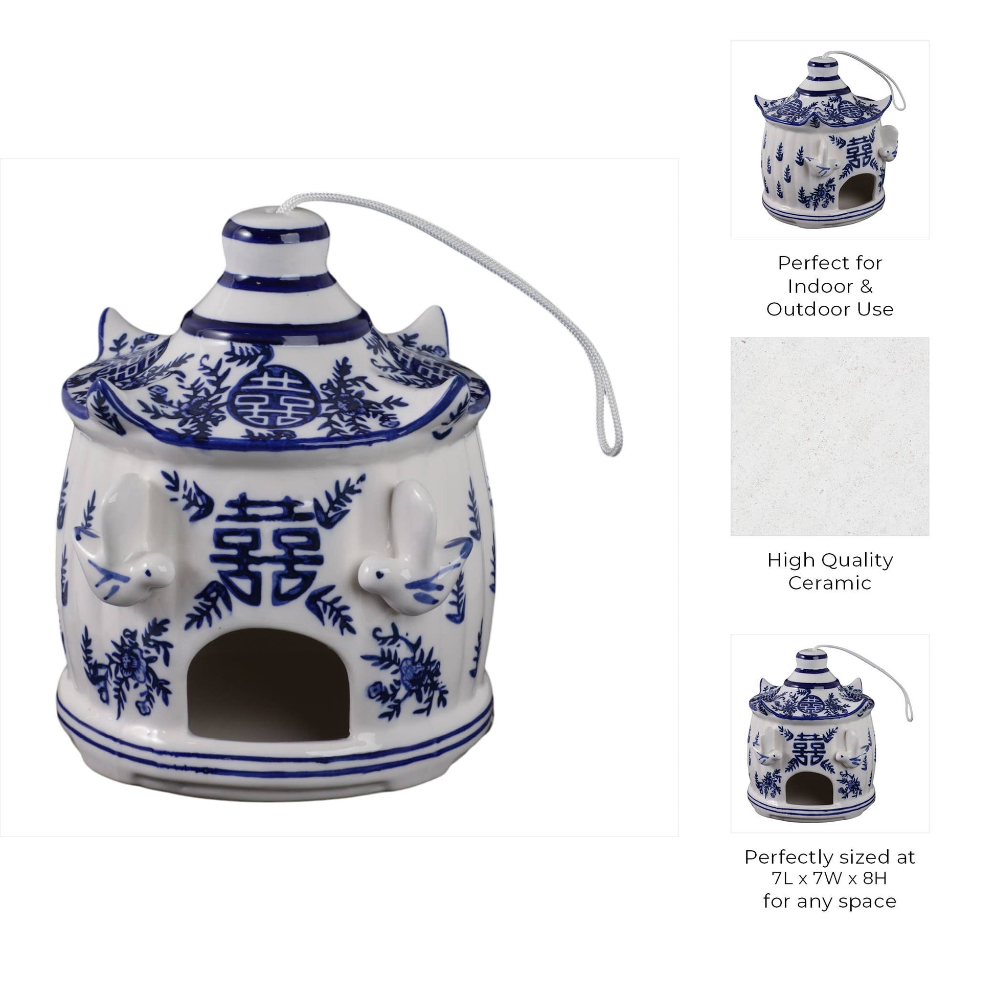 White/Blue Chinoiserie Pagoda Birdhouse, 8 in., with intricate patterns, loop handle, and open doorway.