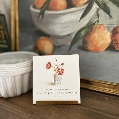 Truth for today hope card with Psalm 145:9 and pink flower vase illustration; available in 4x6 and 5x7 sizes.
