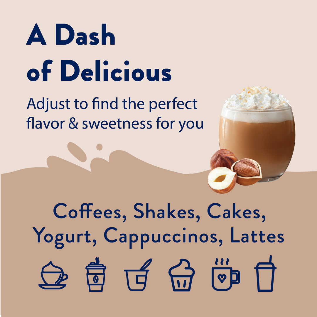 Sugar Free Hazelnut Syrup, available in multiple sizes, ideal for keto and sugar-free coffees, shakes, cakes, yogurt, and lattes.