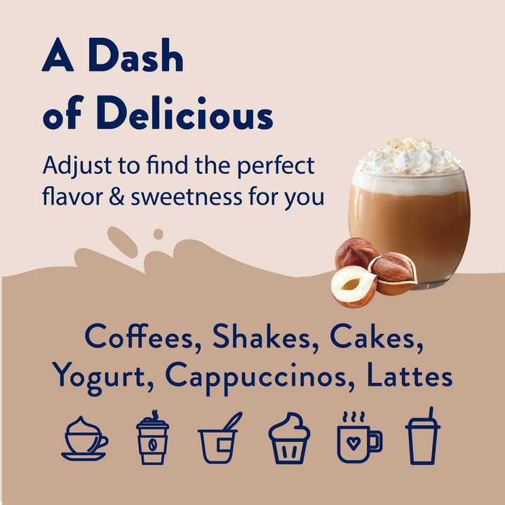 Sugar Free Hazelnut Syrup, available in multiple sizes, ideal for keto and sugar-free coffees, shakes, cakes, yogurt, and lattes.