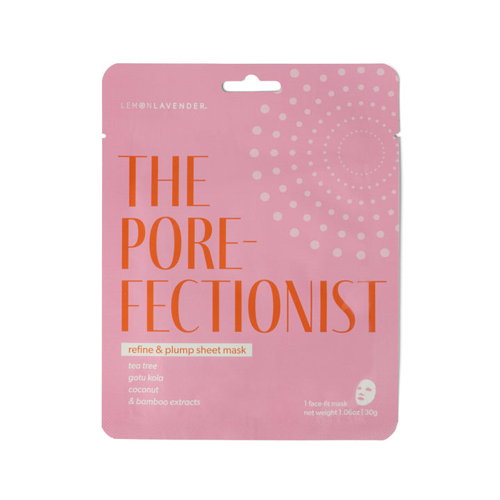 Pink “THE PORE-FECTIONIST” Lemon Lavender Sheet Dreams Face Mask packet, includes tea tree, gotu kola, coconut &amp; bamboo. Size: 1 sheet.