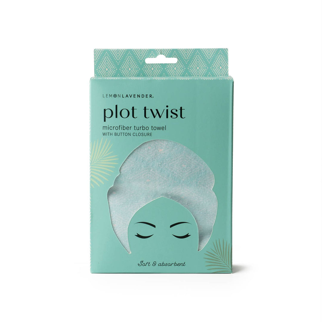 Teal box of Lemon Lavender Plot Twist Turbo Towel with button closure, soft absorbent microfiber. One size fits most.
