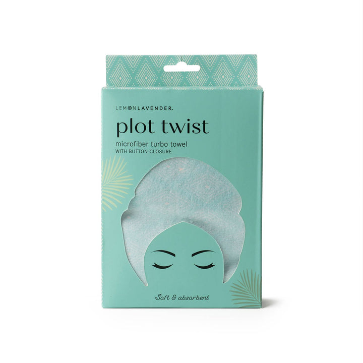 Teal box of Lemon Lavender Plot Twist Turbo Towel with button closure, soft absorbent microfiber. One size fits most.