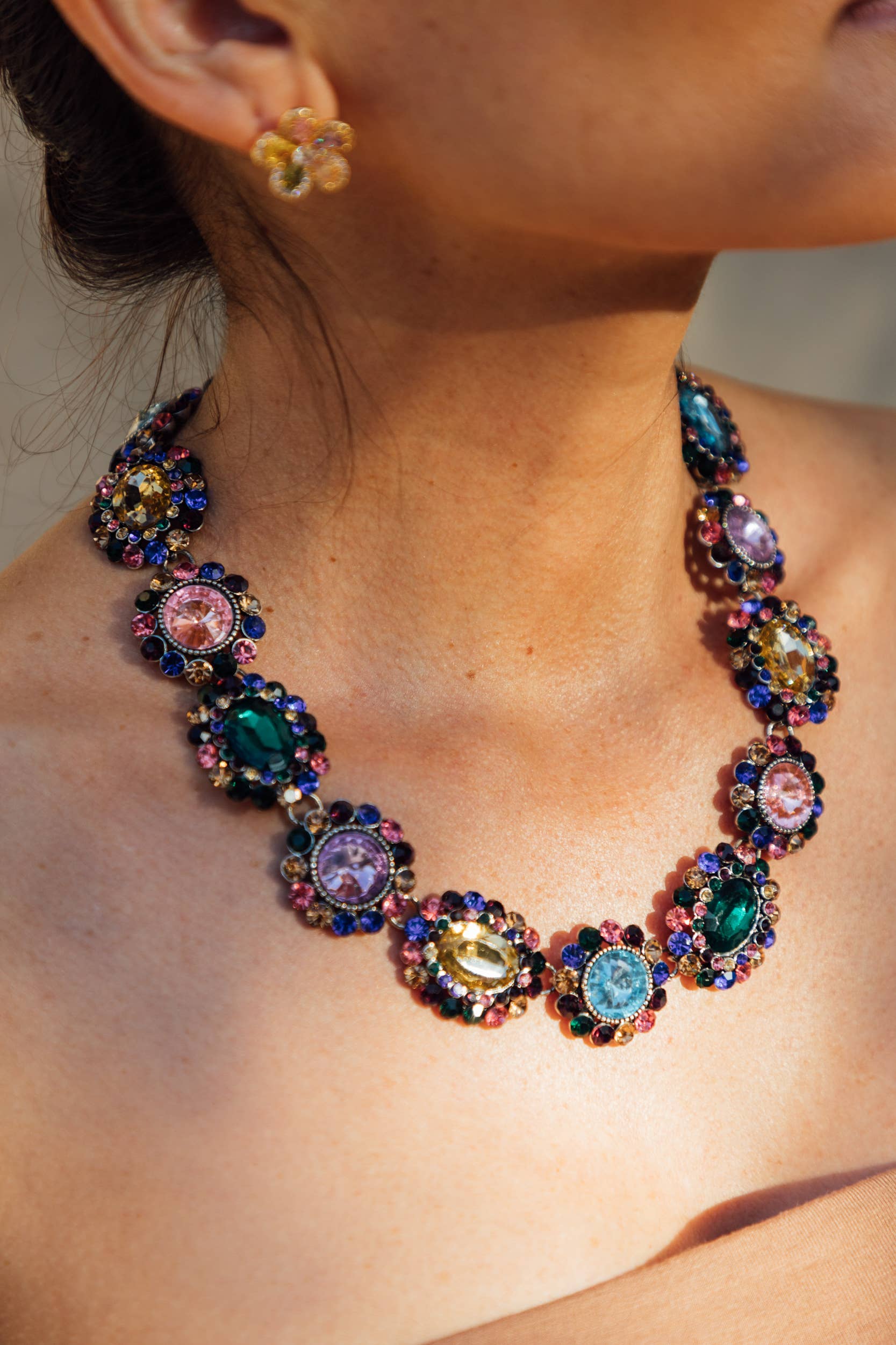 Juliet Necklace with colorful glass crystal floral clusters on an alloy chain. Available in 16", 18", and 20" lengths.