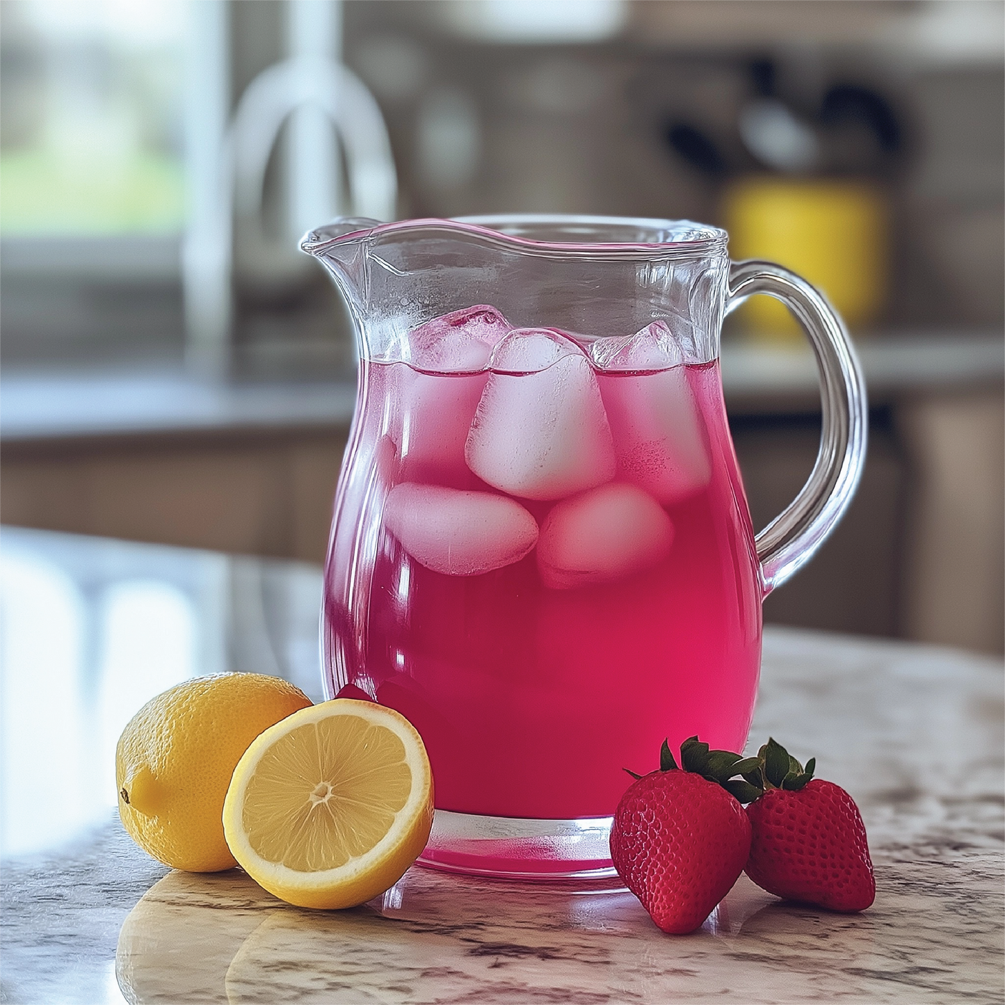 Glass pitcher of pink lemonade made with Strawberry Pink Lemonade Syrup Concentrate. Available in 16oz and 32oz sizes.