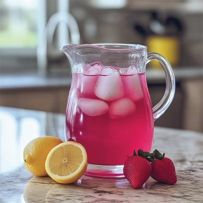 Glass pitcher of pink lemonade made with Strawberry Pink Lemonade Syrup Concentrate. Available in 16oz and 32oz sizes.