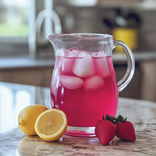 Glass pitcher of pink lemonade made with Strawberry Pink Lemonade Syrup Concentrate. Available in 16oz and 32oz sizes.