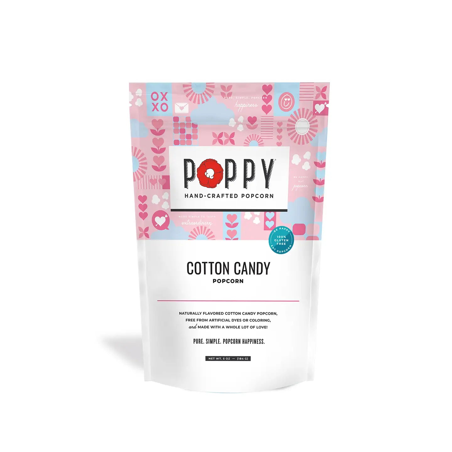 Valentine's Day Cotton Candy Poppy Popcorn features pink popcorn in naturally colored pink, blue, and white packaging with a clear bottom window. Sizes available: Standard bag size.