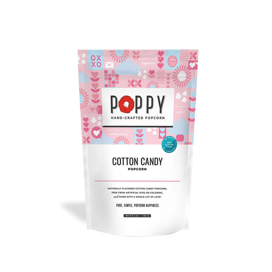 Valentine's Day Cotton Candy Poppy Popcorn features pink popcorn in naturally colored pink, blue, and white packaging with a clear bottom window. Sizes available: Standard bag size.