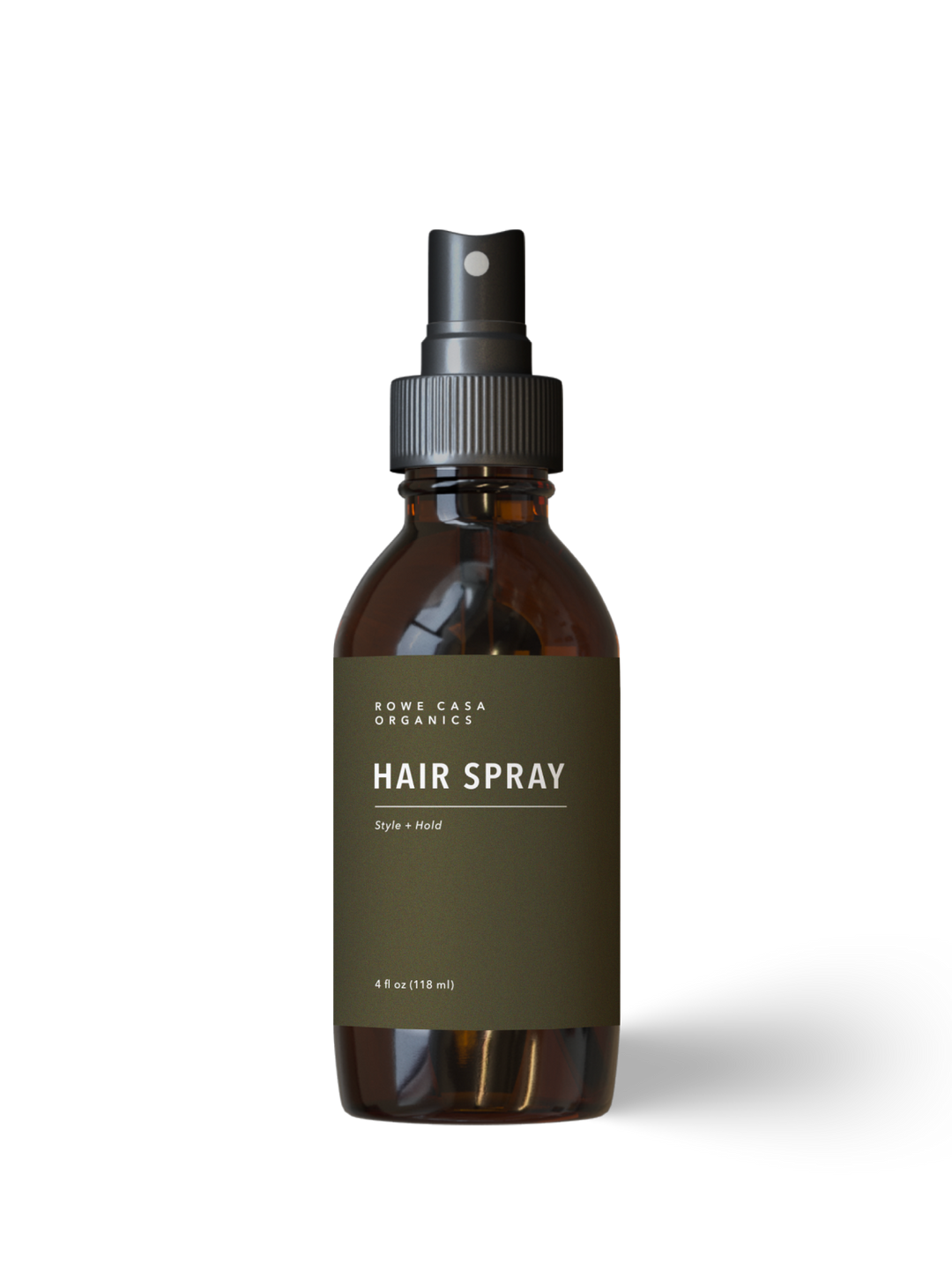 Brown spray bottle labeled “Hair Spray | 4 oz.” Non-toxic, suitable for all hair types. Available in 4 oz size.