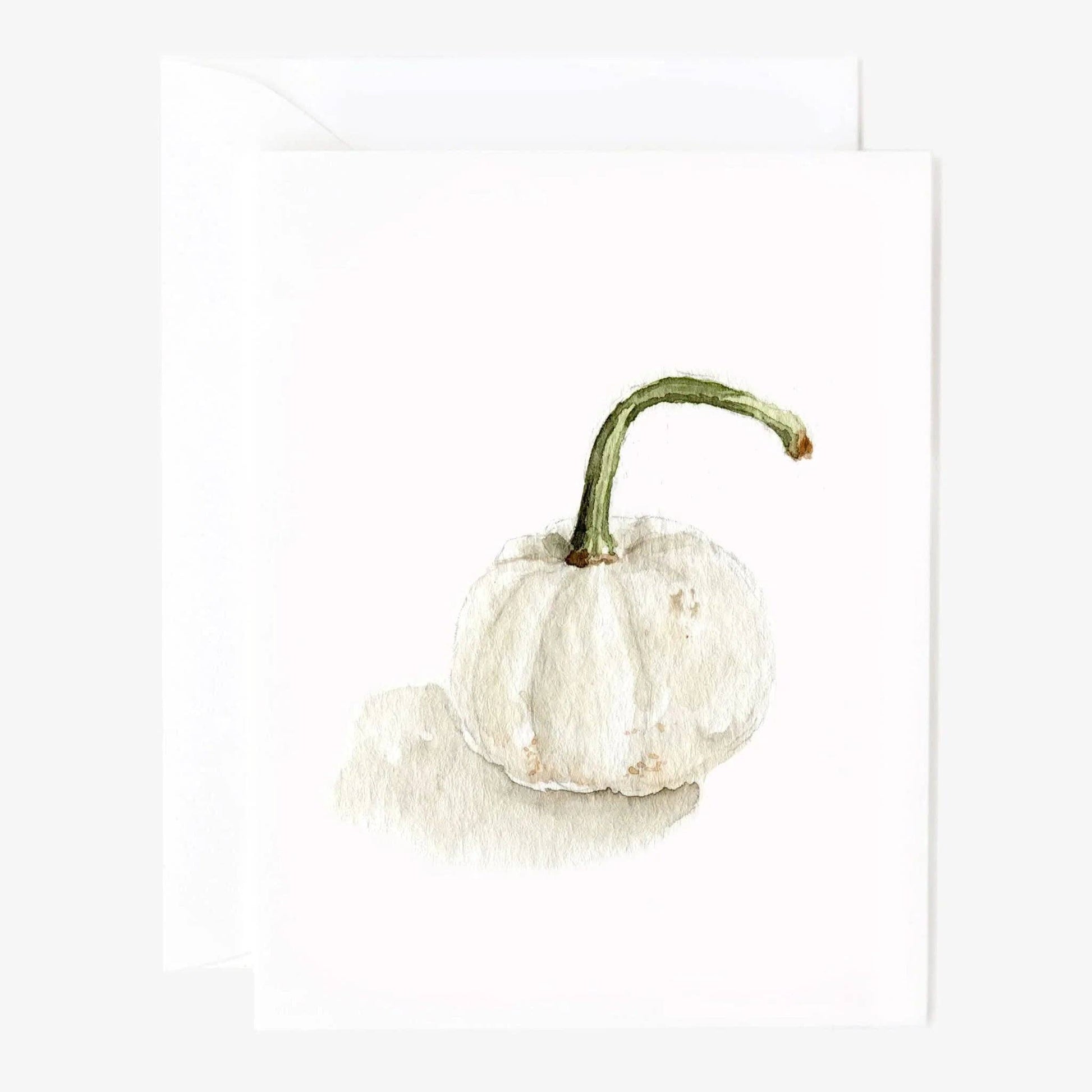 Watercolor notecards featuring a small white pumpkin with green stem. Available sizes: 4x6 and 5x7 inches.