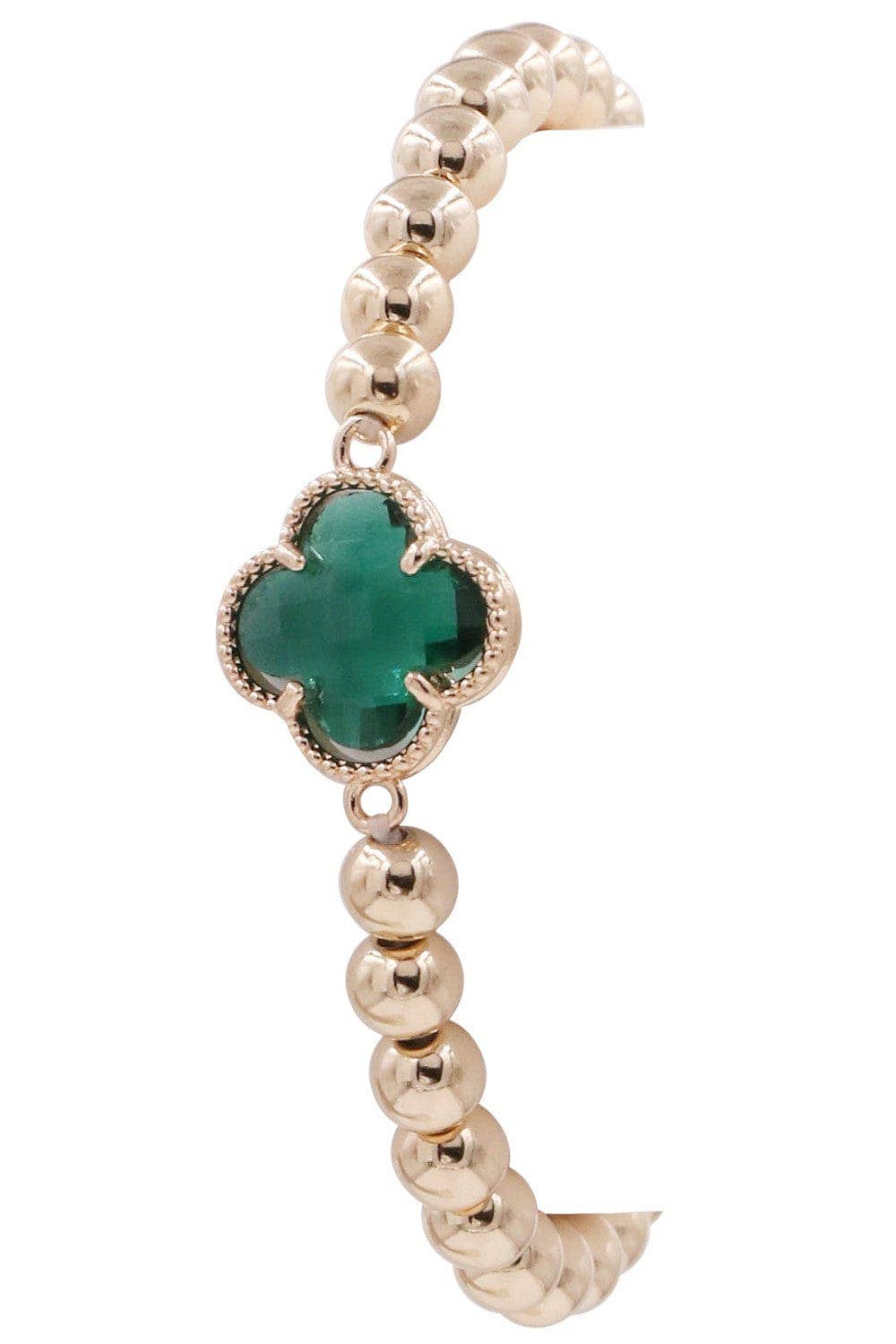 Gold beaded bracelet with a four-leaf clover crystal charm in gold frame. Available in S, M, and L sizes.