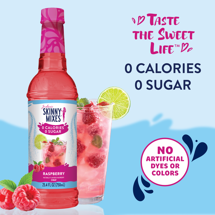 Sugar Free Raspberry Syrup bottle with “0 calories, 0 sugar” and “No artificial dyes or colors”; sizes available: 12oz, 24oz.