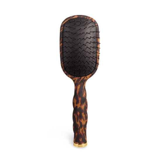 Tortoiseshell-patterned Detangler Hair Brush for Fine Hair with black bristles, gold-tipped handle. Sizes: small, large.