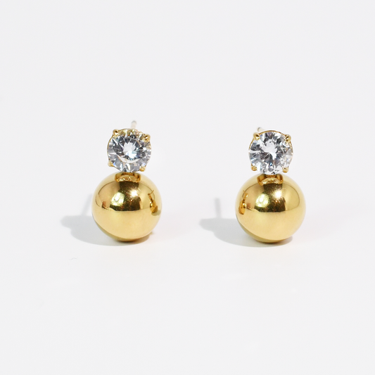 Gold ball earrings with a sparkling crystal top, waterproof stainless steel. Available sizes: small, medium, large.