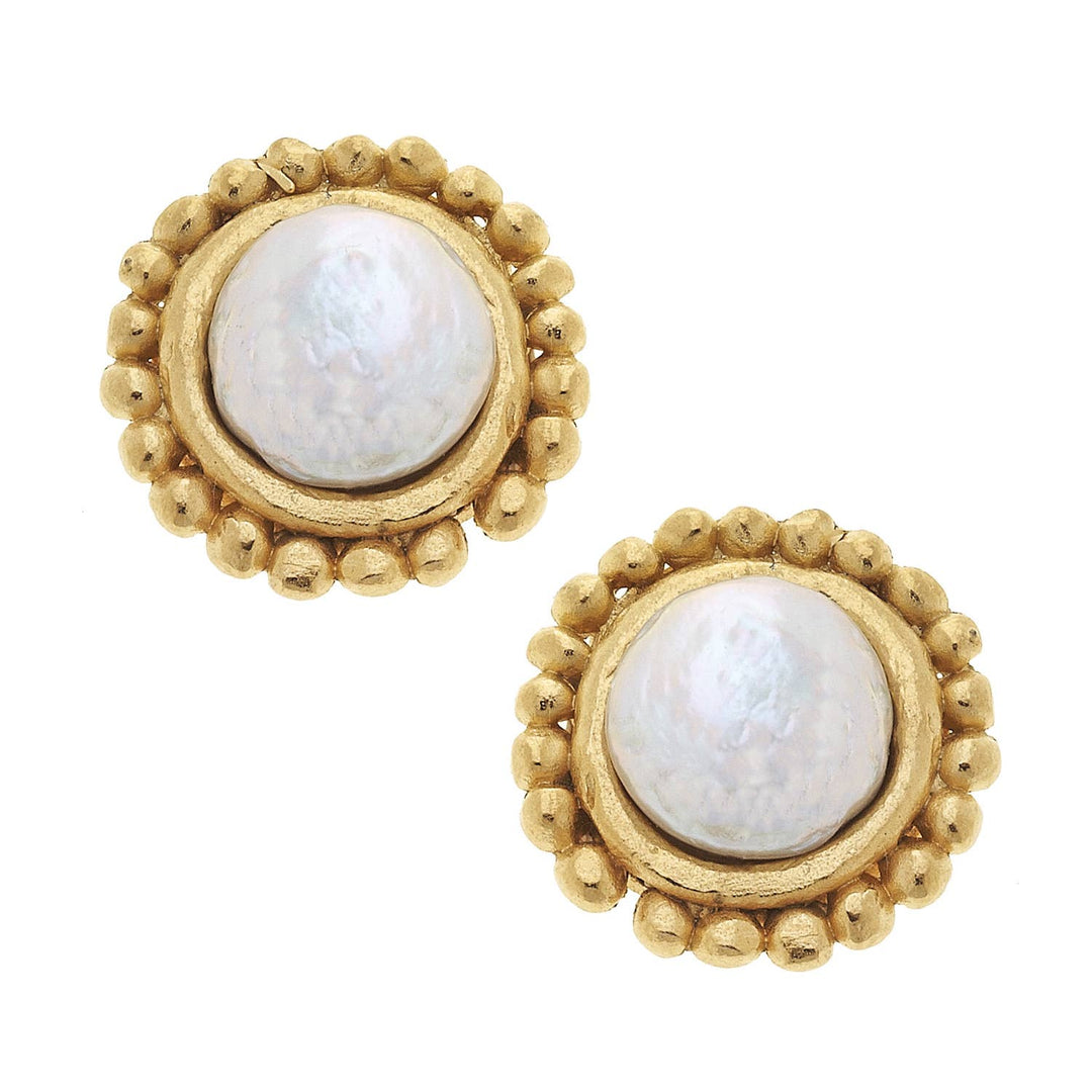 Round imitation pearl studs in textured 24k gold bezels with a beaded border. Available in small, medium, and large sizes.