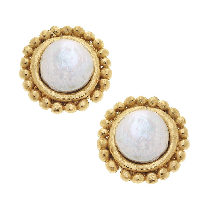 Round imitation pearl studs in textured 24k gold bezels with a beaded border. Available in small, medium, and large sizes.